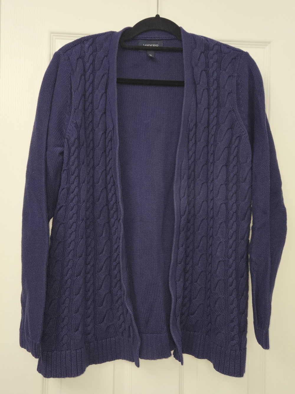 Lands End Women XL Drifter Cable Knit Cardigan Open Front Indigo Sweater Classic